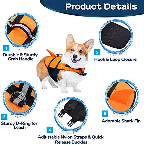 Chaleco salvavidas para perro chaleco reflectante chaleco salvavidas de seguridad con mango de rescate de aleta de tiburón para salvavidas pequeño, mediano y grande, naranja, M