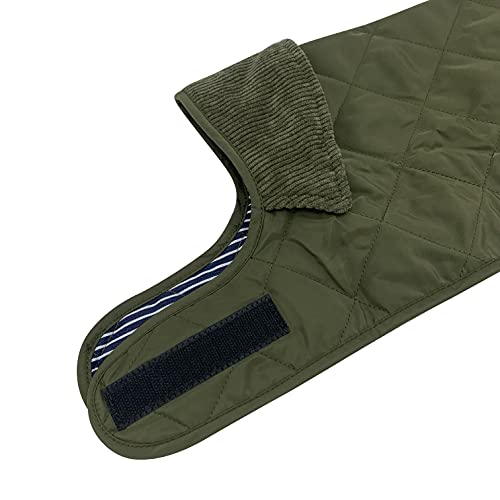 Chaqueta acolchada verde oliva para perro con cuello de pana estilo rústico, correa totalmente ajustable, resistente a la ducha, forro suave y cálido, ropa de invierno (pequeña – 35 cm de largo)