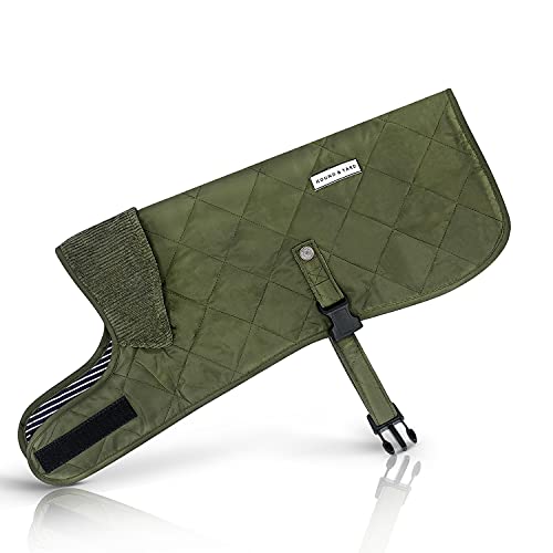 Chaqueta acolchada verde oliva para perro con cuello de pana estilo rústico, correa totalmente ajustable, resistente a la ducha, forro suave y cálido, ropa de invierno (pequeña – 35 cm de largo)