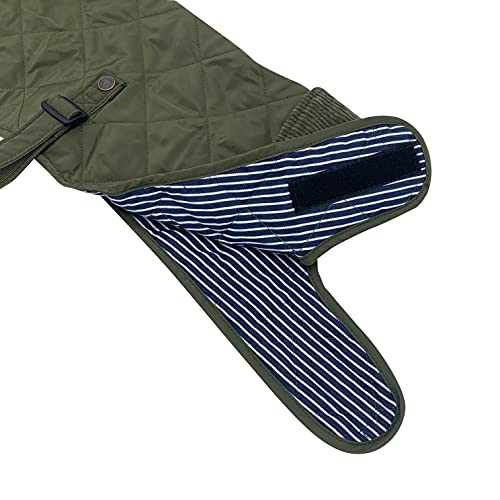 Chaqueta acolchada verde oliva para perro con cuello de pana estilo rústico, correa totalmente ajustable, resistente a la ducha, forro suave y cálido, ropa de invierno (pequeña – 35 cm de largo)