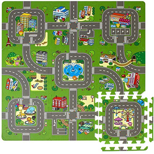 CHILD FENCE Alfombra Puzzle De Goma EVA para Niños Alfombra Infantil para Jugar Niños Diseño Ciudad Verde Diseño De Circuito De Tráfico 9 Piezas Intercambiables(30X30cm)