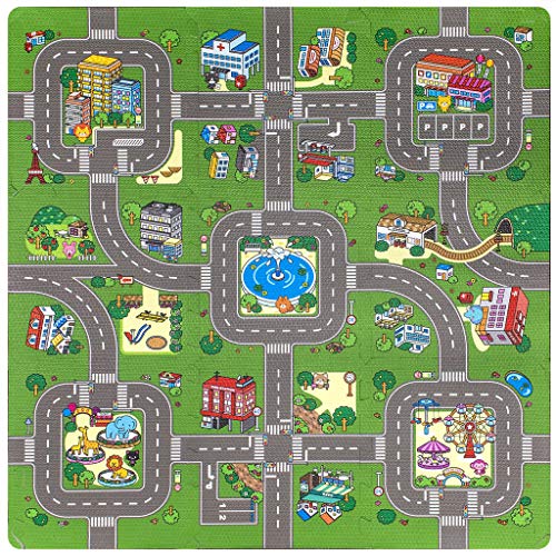 CHILD FENCE Alfombra Puzzle De Goma EVA para Niños Alfombra Infantil para Jugar Niños Diseño Ciudad Verde Diseño De Circuito De Tráfico 9 Piezas Intercambiables(30X30cm)