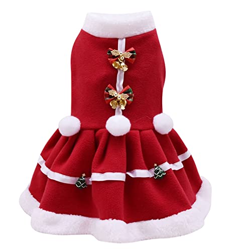 Chollius Traje de Lana roja navideña para Perros pequeños, Traje para Mascotas, Cuello de Piel con Lazo y Campana, Disfraz de Perro de Papá Noel S-XXL (Rojo, M)