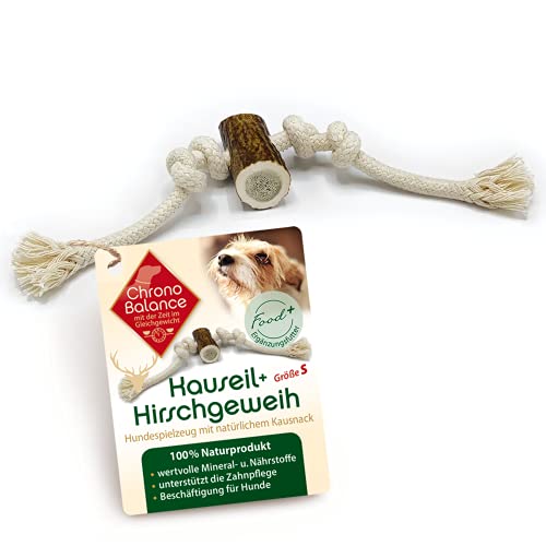 ChronoBalance® Cuerda para masticar con cuernos para perros como juguete y artículo para masticar, 100% cuernos de ciervo y algodón, juguete para masticar, cuidado dental (S)