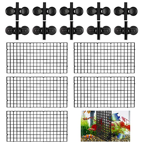 Chudian 5pcs Separador Acuario Rejilla del Acuario Divisor para Acuarios con 10pcs Clips de Ventosas, 30 * 15cm Negro, Diámetro de Rejilla: 15 mm