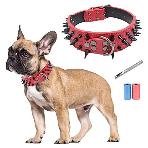 Collar de cuero para perro, elegantes individualidad collar de perro con pinchos tachuelas, anti-mordida, ajustable ajuste para perros medianos y grandes, perforadora de cuero gratis y bolsa de basura