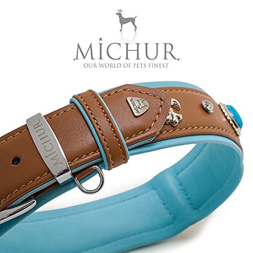 Collar de Cuero para Perro MICHUR Nizza marrón con Diamantes de imitación de Lirios y Piedras Azules Grandes en Varios tamaños