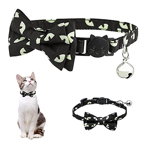 Collar de gato para Halloween, collar de gato con campana con patrón de ojo de fantasma, collares de gato con lazo para gatos pequeños y medianos, lazo ajustable extraíble (negro verde claro)