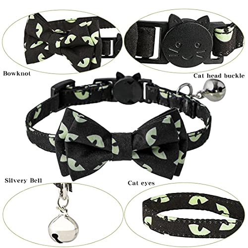 Collar de gato para Halloween, collar de gato con campana con patrón de ojo de fantasma, collares de gato con lazo para gatos pequeños y medianos, lazo ajustable extraíble (negro verde claro)