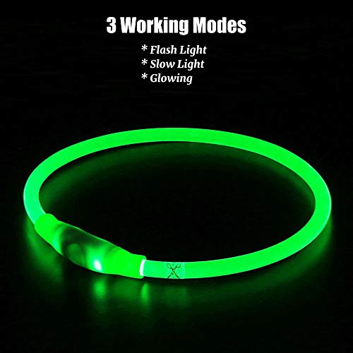 Collar de Perro con luz LED, Recargable por USB, Collar de Perro LED, Resistente al Agua, Luminoso, Collar de Perro y Longitud Ajustable con Tres Modos de iluminación para Perros y Gatos (Green)