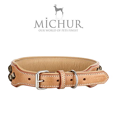 Collar MICHUR Diego Beige en Cuero para Perro, Collar de Cuero para Perro, Cuero, Disponible con aplicación de Cabeza de león, Remaches en Acabado Aklt-latón, Oro Braun Beige, en Varios tamaños