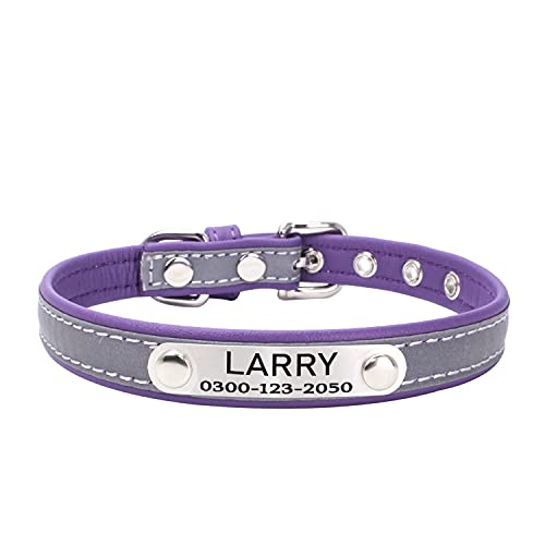 Collar Reflectante Ajustable Personalizados para Gatos Perros Cachorro Gatito con Etiqueta de Nombre Grabado Collar Perro Gato Grande Mediano Pequeño Morado