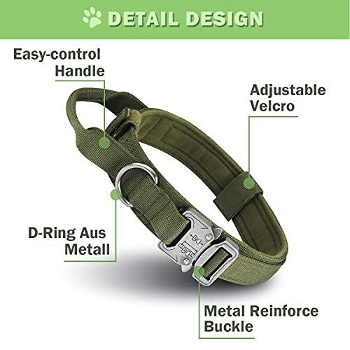 Collar táctico para perros, cuerda elástica militar con fuerte doble mango ajustable K9, mango y hebilla de metal, utilizado para el adiestramiento de perros de talla mediana y grande (verde oscuro)