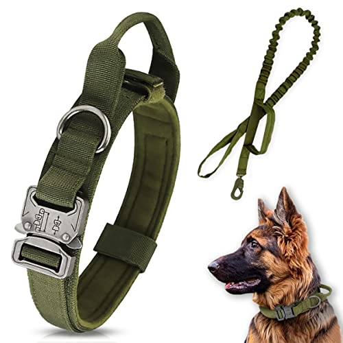 Collar táctico para perros, cuerda elástica militar con fuerte doble mango ajustable K9, mango y hebilla de metal, utilizado para el adiestramiento de perros de talla mediana y grande (verde oscuro)