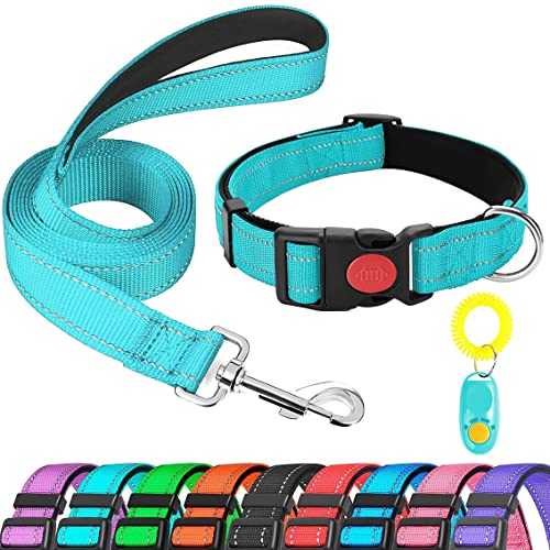 Collar y correa reflectante para perro, Uwenkjie ajustables para mascotas con acolchado de neopreno suave y correa a juego de 4 pies para perros pequeños, medianos y grandes, M, azul cielo