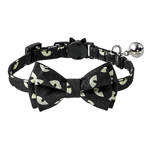 Collares de gato de halloween, collar de gato ajustable de color verde claro negro con campana, collares de gato de ojo de fantasma con pajarita desmontable para gatos de la mayoría de los tamaños