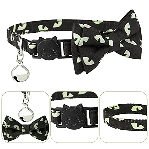 Collares de gato de halloween, collar de gato ajustable de color verde claro negro con campana, collares de gato de ojo de fantasma con pajarita desmontable para gatos de la mayoría de los tamaños