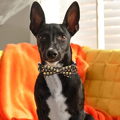 Collares para perros de Halloween, collares ajustables para perros negros y amarillos, collares para perros con forma de calavera con pajarita extraíble para perros de la mayoría de los tamaños