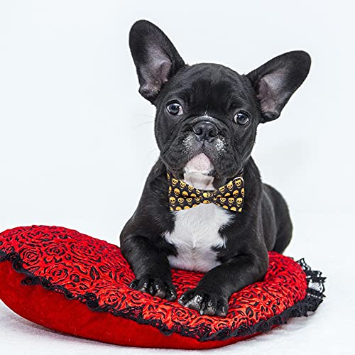 Collares para perros de Halloween, collares ajustables para perros negros y amarillos, collares para perros con forma de calavera con pajarita extraíble para perros de la mayoría de los tamaños