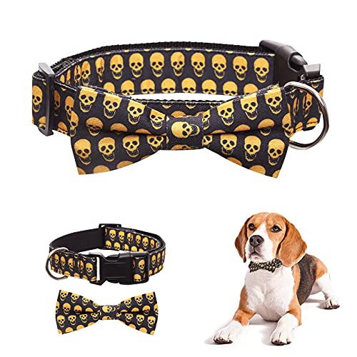 Collares para perros de Halloween, collares ajustables para perros negros y amarillos, collares para perros con forma de calavera con pajarita extraíble para perros de la mayoría de los tamaños