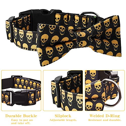 Collares para perros de Halloween, collares ajustables para perros negros y amarillos, collares para perros con forma de calavera con pajarita extraíble para perros de la mayoría de los tamaños