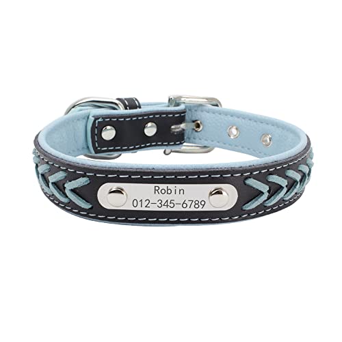 Collares Perros Cuero Personalizados Grabados de Trenzado con Placa de Identificación Personalizada Acero Inoxidable con Nombre y Número de Teléfono Grabados(Azul,XL:47—57CM)