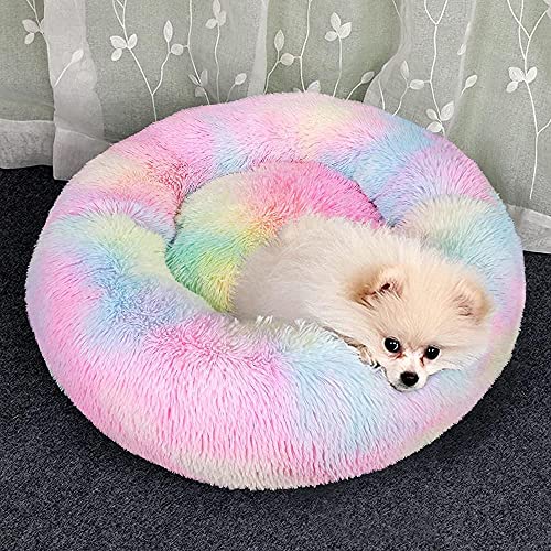 Colorido Donut Cama para Mascotas Cojín para Perros Arcoíris Nido Cama para Gatos Mullida Almohada Redonda Cojín para Mascotas De Felpa Suave Cojín para Pequeño Mediano Cama Gato Cama Perro Grande