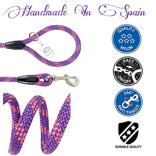 Correa para Perros Colores Combinados Nylon Redonda, Resistente Cómodo Antitirones, Hecha a Mano en la UE, Adiestramiento para Perros Pequeños, Medianos y Grandes. 60cm (Violeta&Rosa)