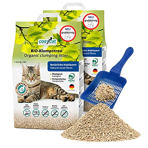 COSYCAT Arena orgánica grumosa para Gatos de Madera, Grueso [Edición Limitada] - 40 l - Desechable en el Inodoro - Arena aglomerante a Base de Plantas - Arena de Madera