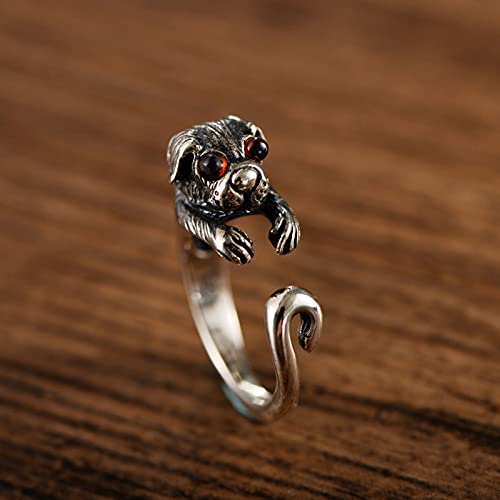 CRYPIN s925 Plata de Ley Tendencia Animal pequeño Lindo Anillo para Mascotas Perro Vintage Anillo Abierto Masculino y Femenino