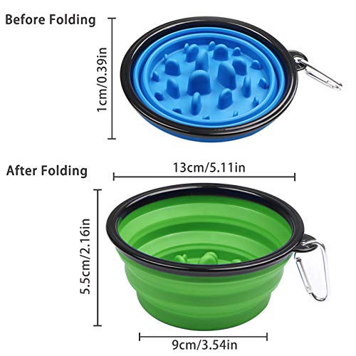 Cuenco plegable para agua y comida para mascotas, 350 ml, 2 unidades, a prueba de fugas, de silicona, para exteriores, con gancho, plegable, con tapa y cuenco de viaje, color azul y verde