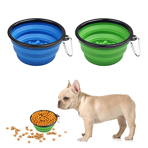 Cuenco plegable para agua y comida para mascotas, 350 ml, 2 unidades, a prueba de fugas, de silicona, para exteriores, con gancho, plegable, con tapa y cuenco de viaje, color azul y verde