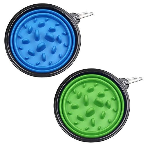 Cuenco plegable para agua y comida para mascotas, 350 ml, 2 unidades, a prueba de fugas, de silicona, para exteriores, con gancho, plegable, con tapa y cuenco de viaje, color azul y verde