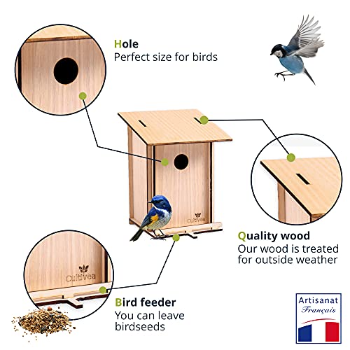 Cultivea - Kit de Caja Nido DIY (25 x 16 cm) - Casa de pájaros de Madera para Exteriores con Agujero de 32 mm - Construcción y Pintura (12 Colores y 2 Pinceles) para niños - Ideal para Regalar