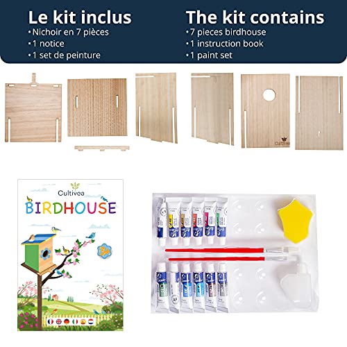 Cultivea - Kit de Caja Nido DIY (25 x 16 cm) - Casa de pájaros de Madera para Exteriores con Agujero de 32 mm - Construcción y Pintura (12 Colores y 2 Pinceles) para niños - Ideal para Regalar