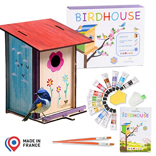 Cultivea - Kit de Caja Nido DIY (25 x 16 cm) - Casa de pájaros de Madera para Exteriores con Agujero de 32 mm - Construcción y Pintura (12 Colores y 2 Pinceles) para niños - Ideal para Regalar