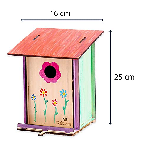 Cultivea - Kit de Caja Nido DIY (25 x 16 cm) - Casa de pájaros de Madera para Exteriores con Agujero de 32 mm - Construcción y Pintura (12 Colores y 2 Pinceles) para niños - Ideal para Regalar