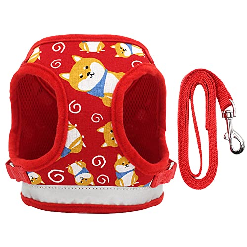 CUTIECLUB Arnés de chaleco para mascotas, ajustable, reflectante, suave, transpirable, con patrón de dibujos animados, para cachorros, gatos, perros, pecho, correa para caminar, rojo, M