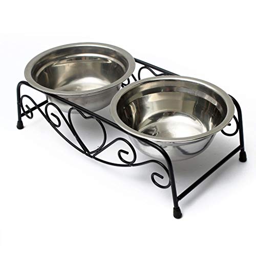 Cxp Boutiques Fuerte Comedero para Perros y Mascotas. Recipiente Doble para Perros de Acero Inoxidable, Soporte de Hierro Forjado Hecho a Mano, Suministros exquisitos para Mascotas Limpiar