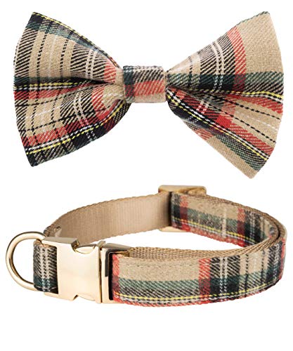 Dashin' Dogz Collar de perro escoceses con pajarita desmontable para niñas o niños, cómodo patrón a cuadros, totalmente ajustable, gran regalo para mascotas (M, beige)