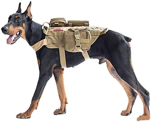 DHGTEP Arnés Militar Táctico para Perros K9, Chaleco de Servicio para Perros Militares, con Juego de Bolsas y Bolsillos para Cosas Pequeñas para Viajeros (Color : Beige, Size : XL)