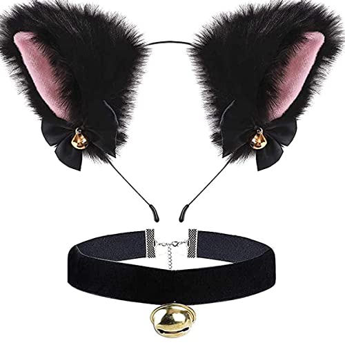 Diadema Oreja de Gato con Gargantilla, Kit Disfraz de Gato Accesorios Diadema de Gato Orejas de Gato con Collar Choker Terciopelo con Campana Suministros