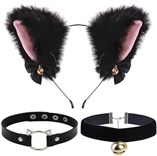 Diadema Oreja de Gato con Gargantilla, Kit Disfraz de Gato Accesorios Diadema de Gato Orejas de Gato con Collar Choker Terciopelo con Campana Suministros