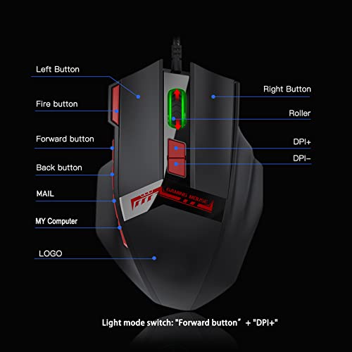 Dibiao Ratón con Cable 10 Botones Ratón Óptico para Juegos Ratón con Cable con RGB Afinación de Peso Ligero 3200DPI Ajustable para Ordenador de Sobremesa