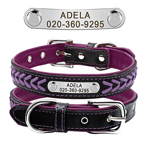 Didog Collar personalizado de cuero, collares de perro grabados de cuero trenzado con placa de identificación personalizada para perros pequeños y medianos grandes, púrpura, tamaño L