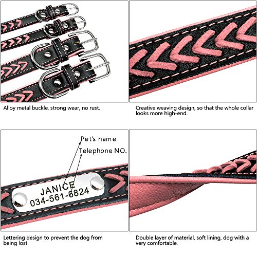 Didog Collar personalizado de cuero, collares de perro grabados de cuero trenzado con placa de identificación personalizada para perros pequeños y medianos grandes, rosa, talla XS