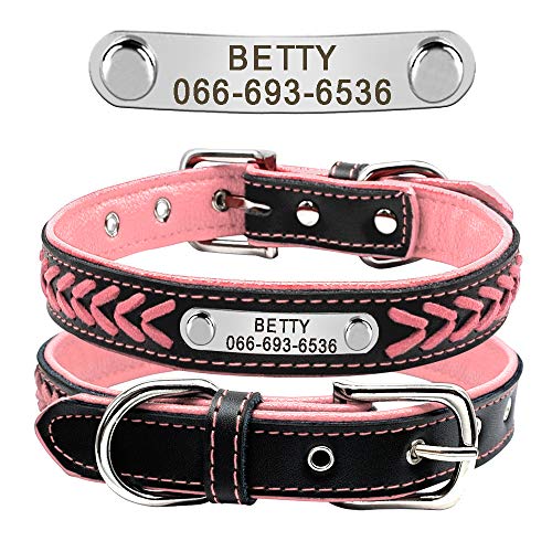 Didog Collar personalizado de cuero, collares de perro grabados de cuero trenzado con placa de identificación personalizada para perros pequeños y medianos grandes, rosa, talla XS