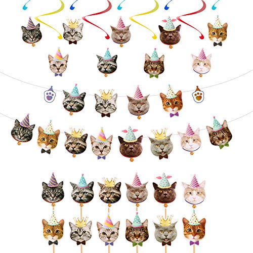 Disfraz de gato, 1 juego de pancarta de cumpleaños para mascotas, púas para tartas, gatos, cupcakes, decoración de postres