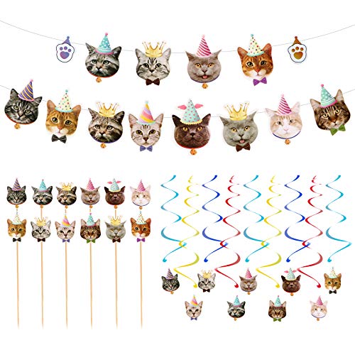 Disfraz de gato, 1 juego de pancarta de cumpleaños para mascotas, púas para tartas, gatos, cupcakes, decoración de postres