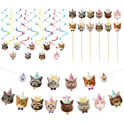 Disfraz de gato, 1 juego de pancarta de cumpleaños para mascotas, púas para tartas, gatos, cupcakes, decoración de postres